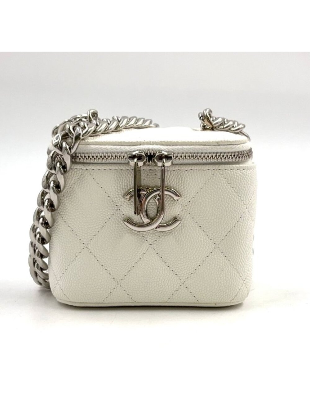 Chanel Classic Small Vanity Caviar Leather White Chain Shoulder Bag Silver